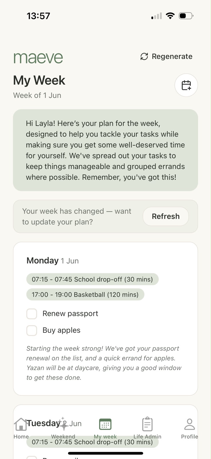 Maeve weekly plan